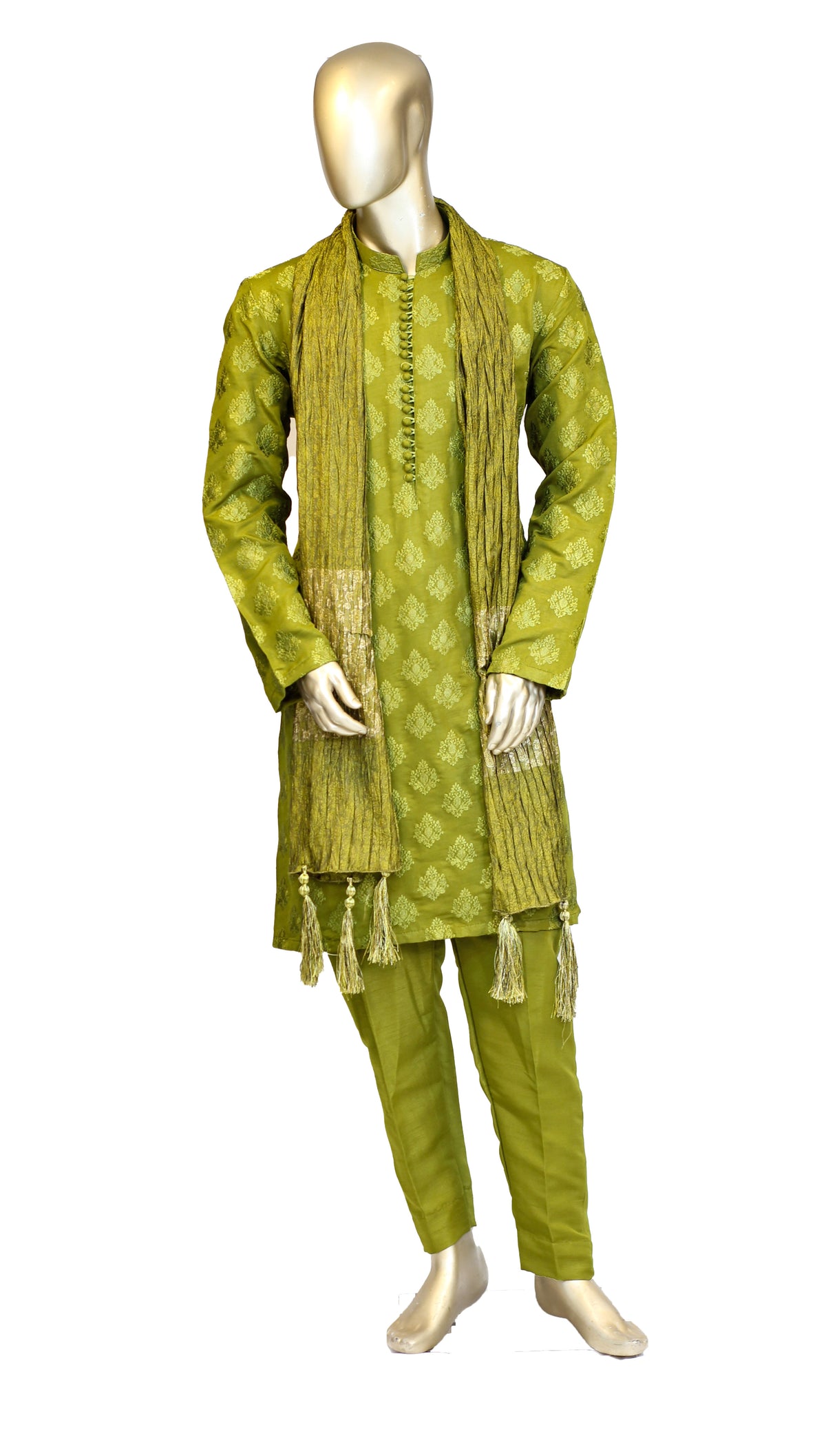 Men's Lime Green Embroidered Raw Silk Kurta Party Suit with Scarf KF-25