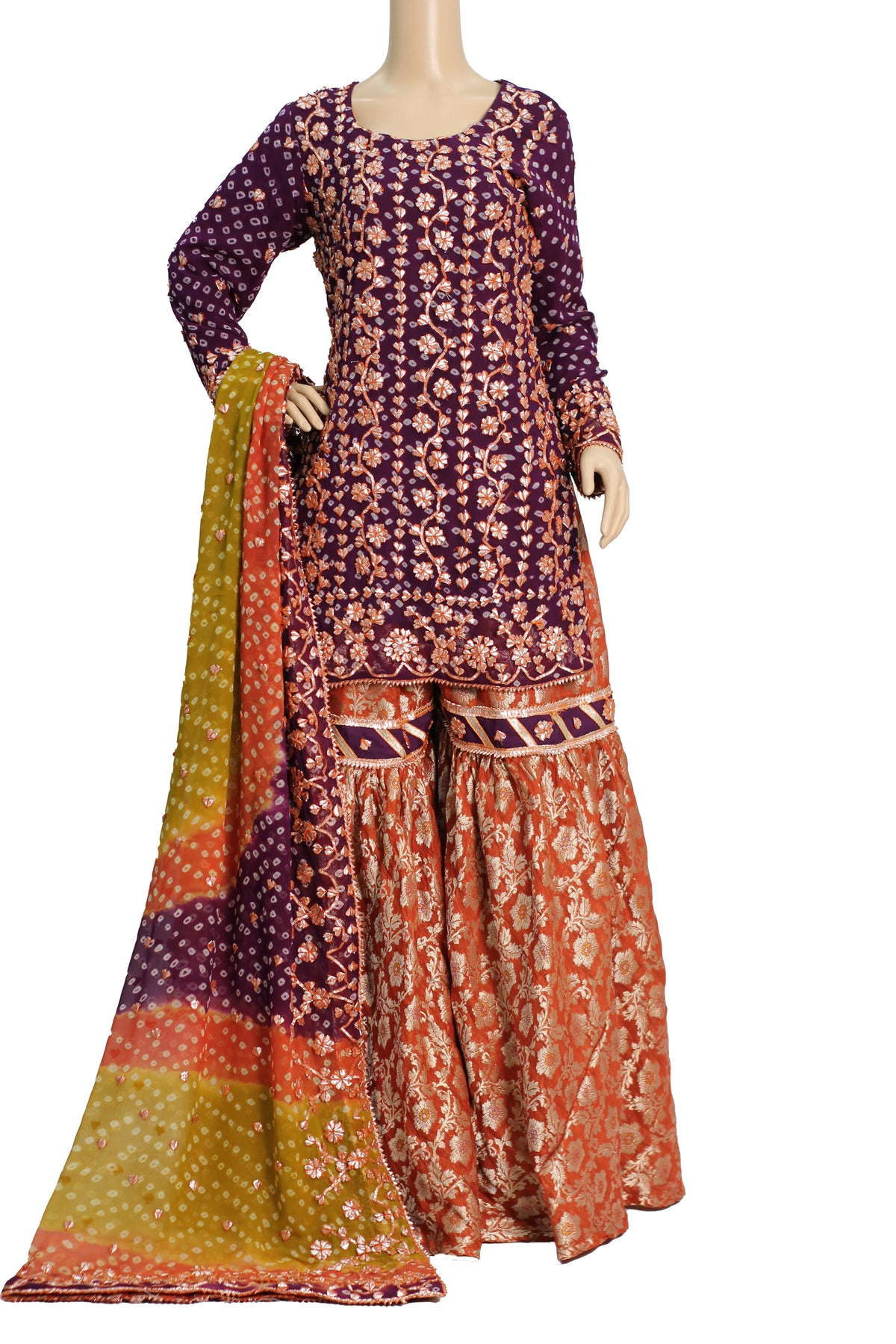 Purple Gotta Hand Work Fancy Chiffon Gharara Suit with Banarsi Jamawar KF-801