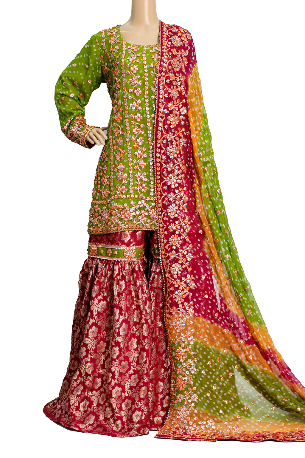 Green Gotta Hand Work Fancy Chiffon Gharara Suit with Banarsi Jamawar KF-800