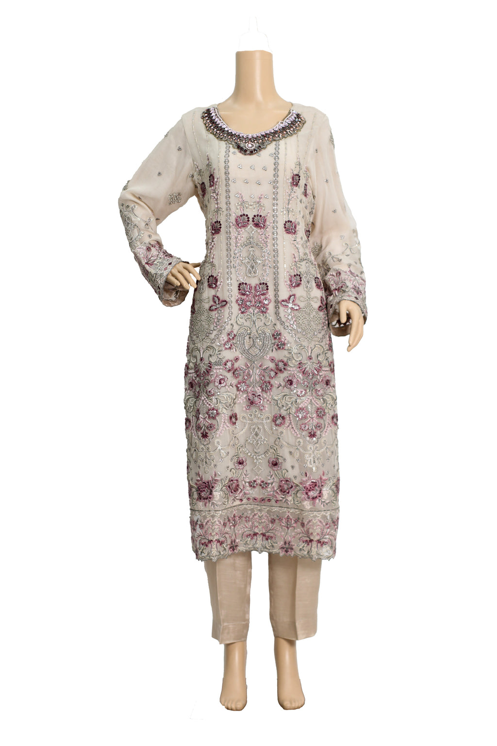 Beige Embroidered Chiffon Suit with Pink Dupatta and Raw Silk Trouser KF-560