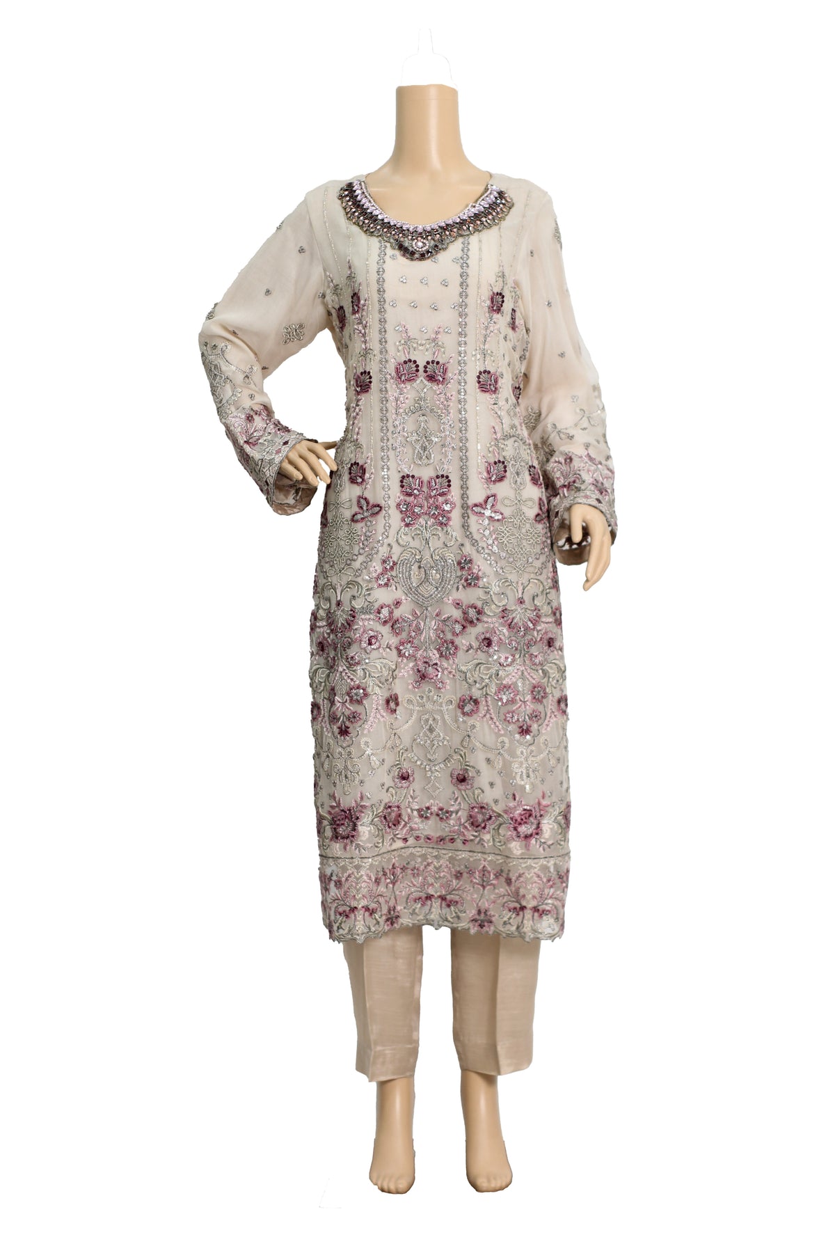 Beige Embroidered Chiffon Suit with Pink Dupatta and Raw Silk Trouser KF-560