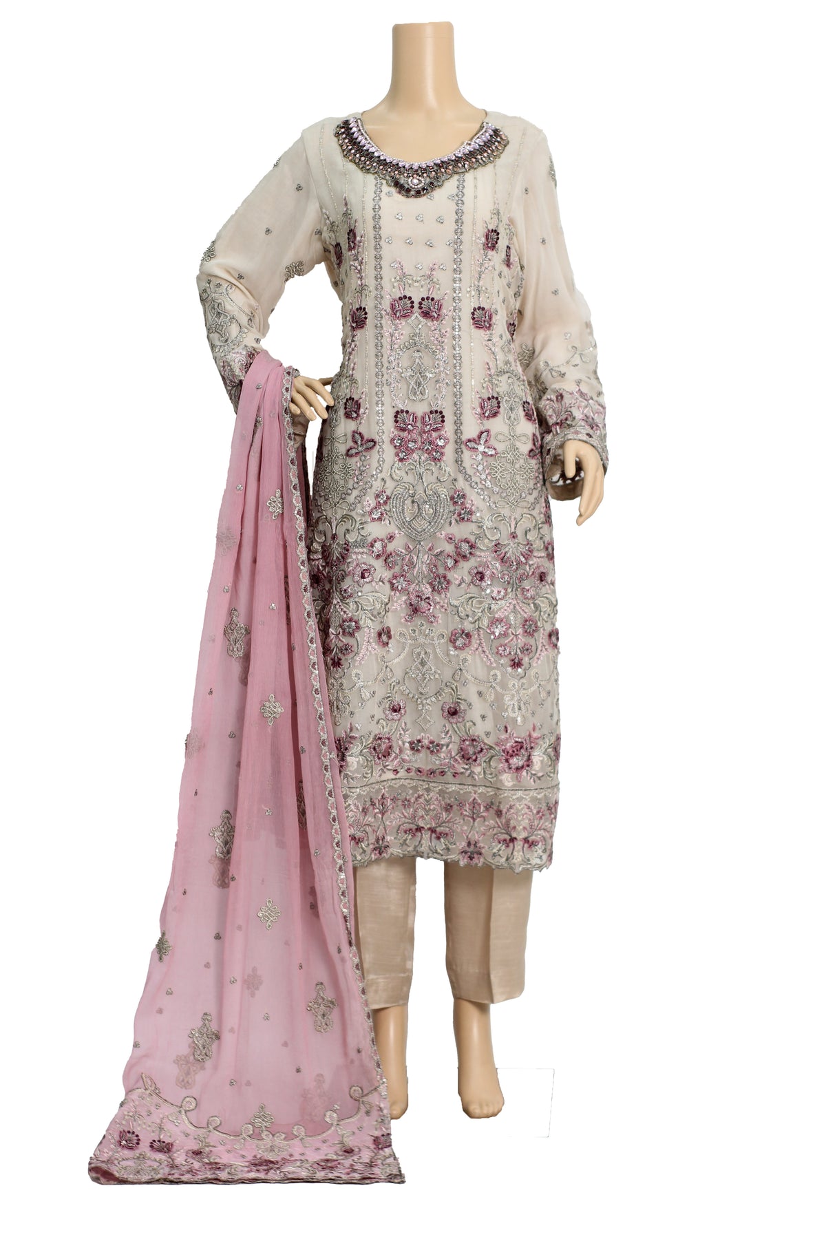Beige Embroidered Chiffon Suit with Pink Dupatta and Raw Silk Trouser KF-560