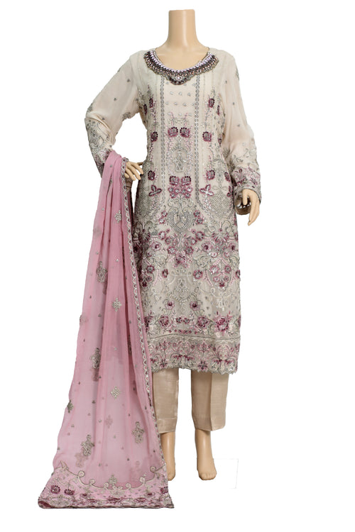 Beige Embroidered Chiffon Suit with Pink Dupatta and Raw Silk Trouser KF-560