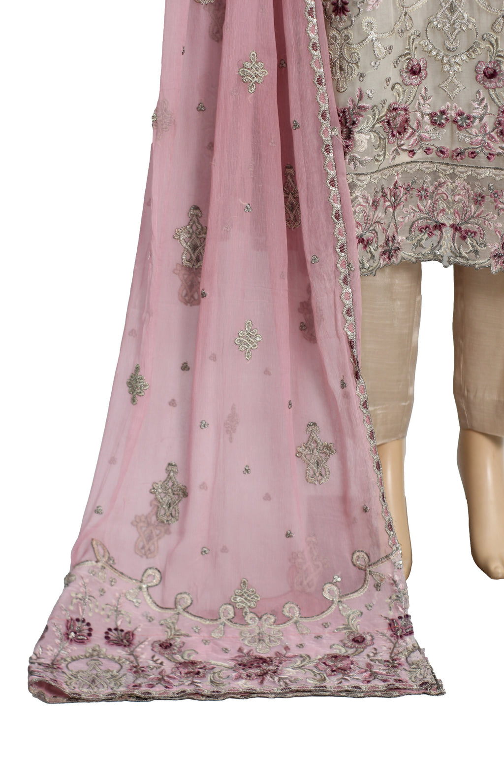 Beige Embroidered Chiffon Suit with Pink Dupatta and Raw Silk Trouser KF-560