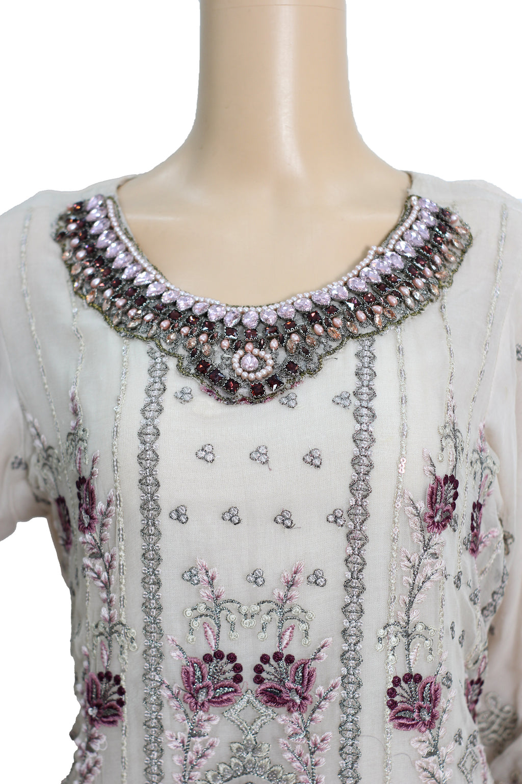 Beige Embroidered Chiffon Suit with Pink Dupatta and Raw Silk Trouser KF-560