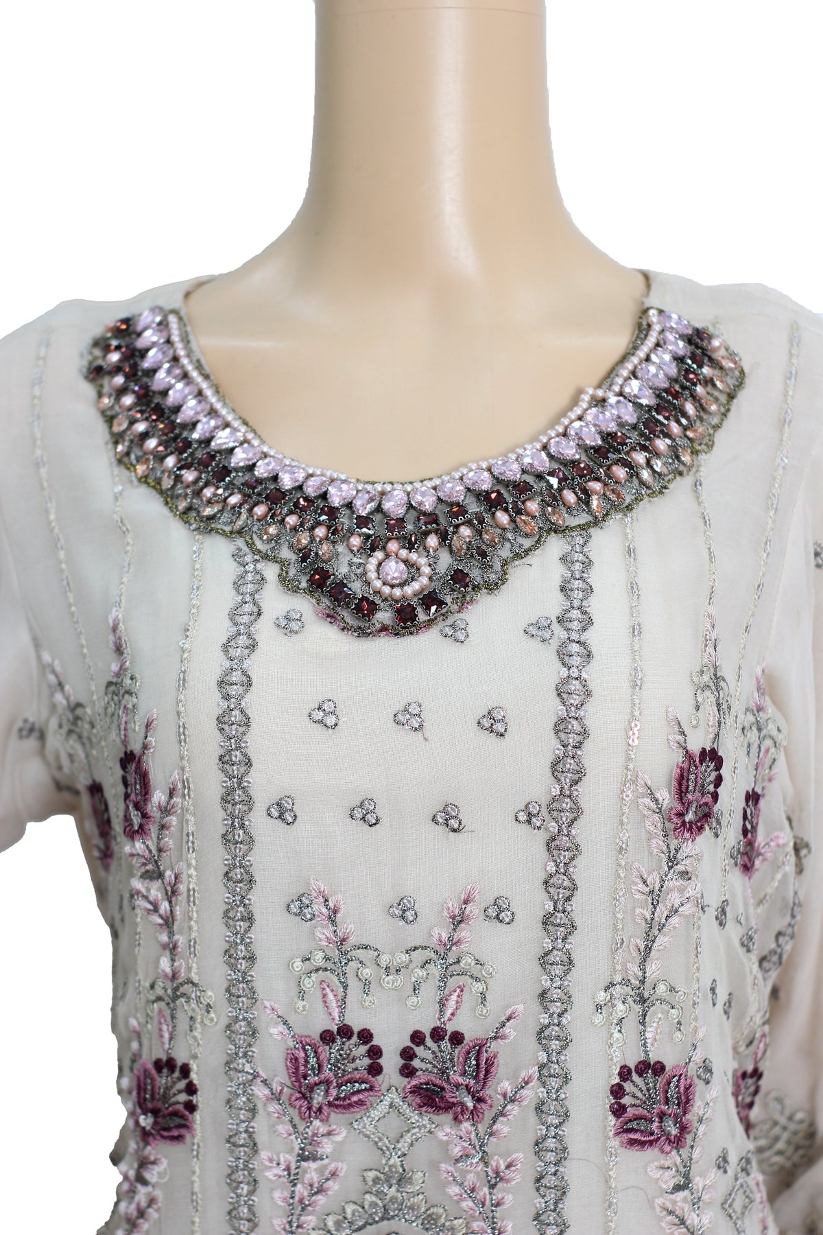 Beige Embroidered Chiffon Suit with Pink Dupatta and Raw Silk Trouser KF-560