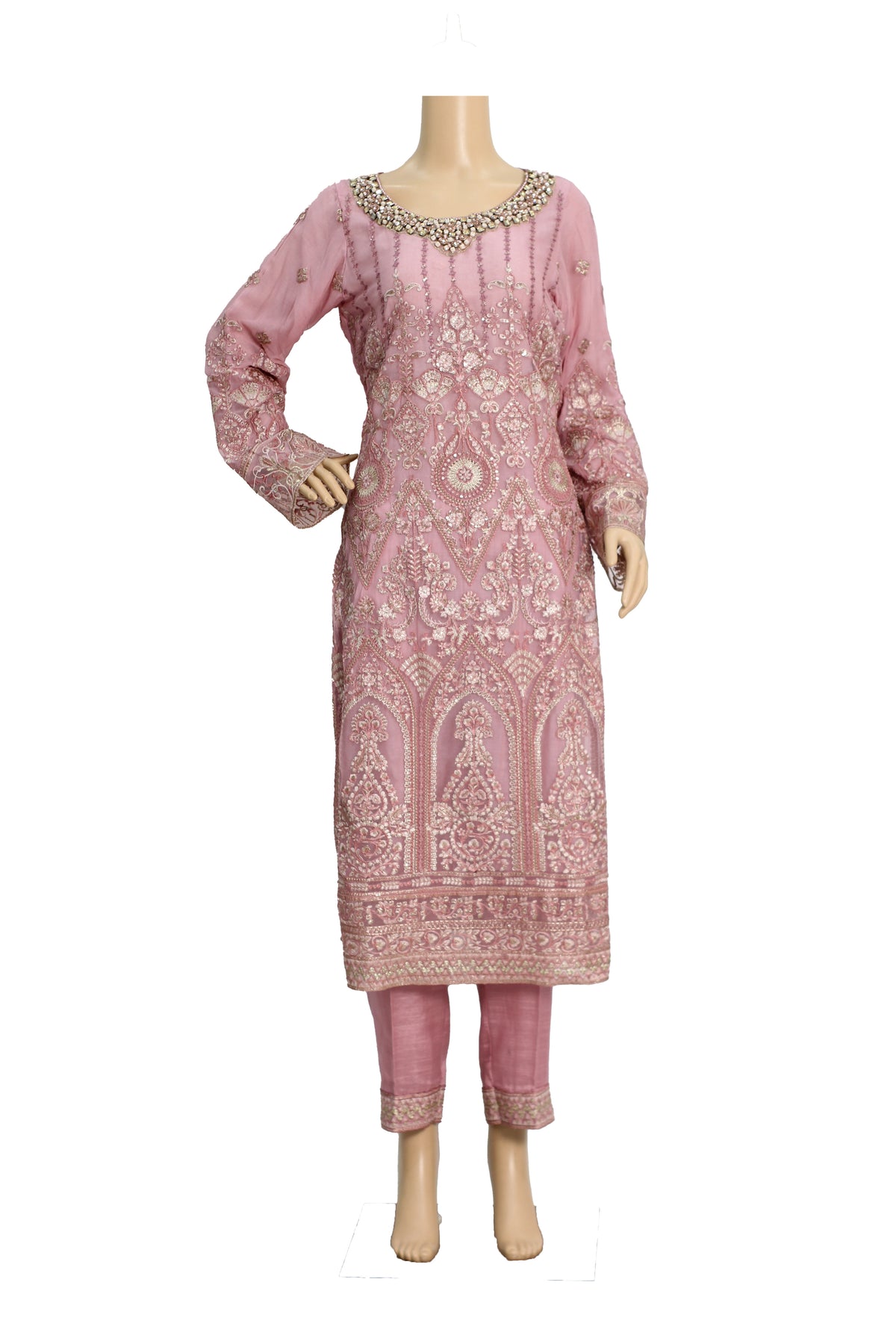 Dusty Pink Embroidered Chiffon 3 Piece Suit with Raw Silk Trouser KF-559