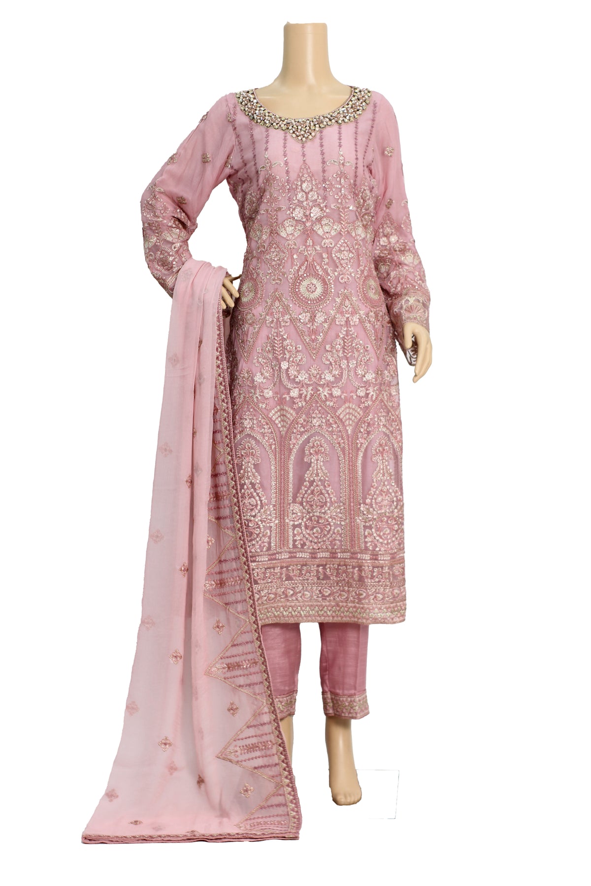 Dusty Pink Embroidered Chiffon 3 Piece Suit with Raw Silk Trouser KF-559