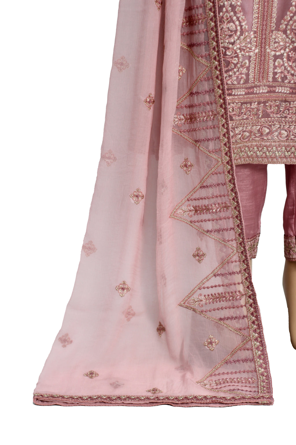 Dusty Pink Embroidered Chiffon 3 Piece Suit with Raw Silk Trouser KF-559