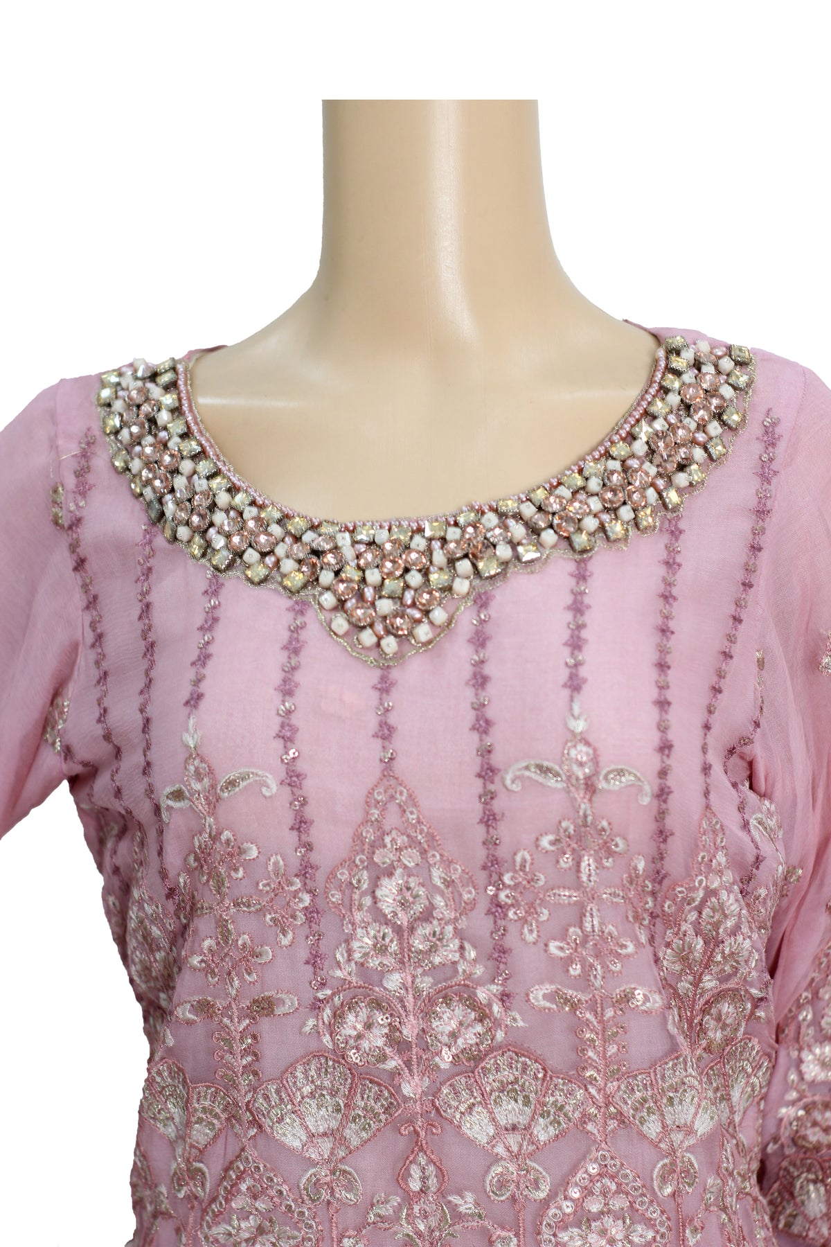 Dusty Pink Embroidered Chiffon 3 Piece Suit with Raw Silk Trouser KF-559