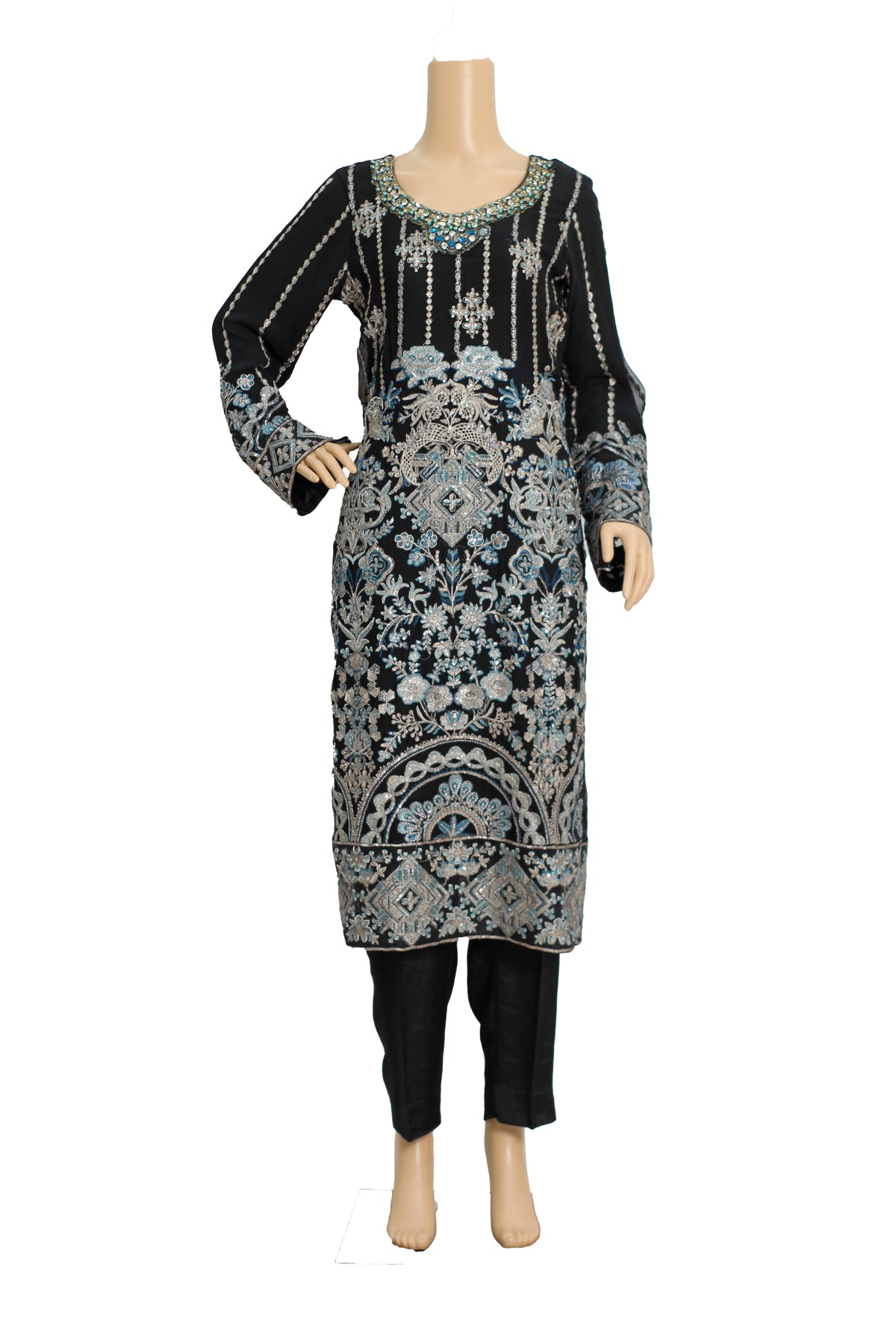 Black Embroidered Chiffon Suit with Teal Dupatta and Raw Silk Trouser KF-558