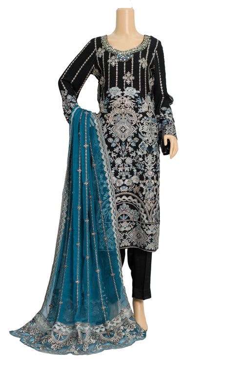 Black Embroidered Chiffon Suit with Teal Dupatta and Raw Silk Trouser KF-558