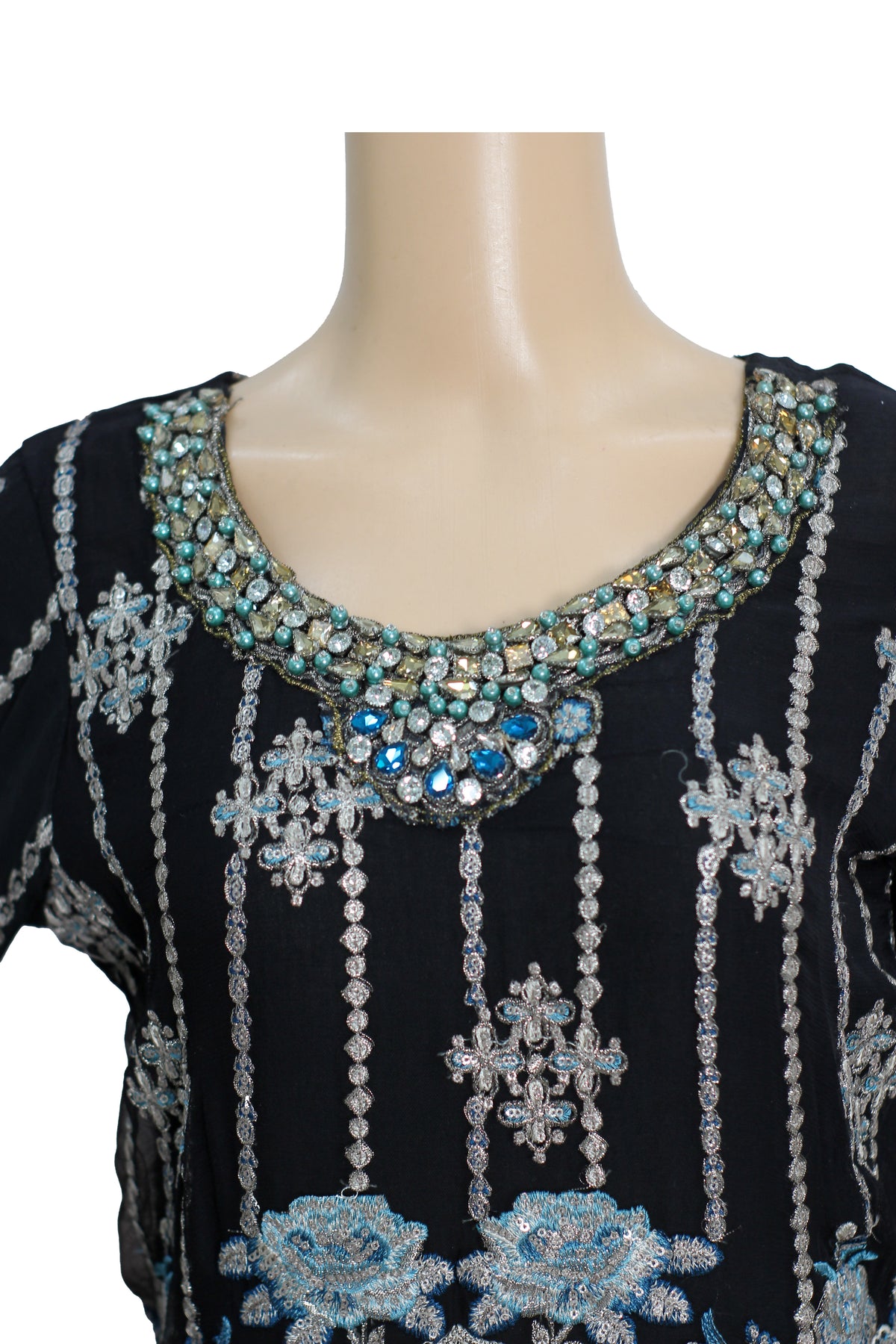 Black Embroidered Chiffon Suit with Teal Dupatta and Raw Silk Trouser KF-558