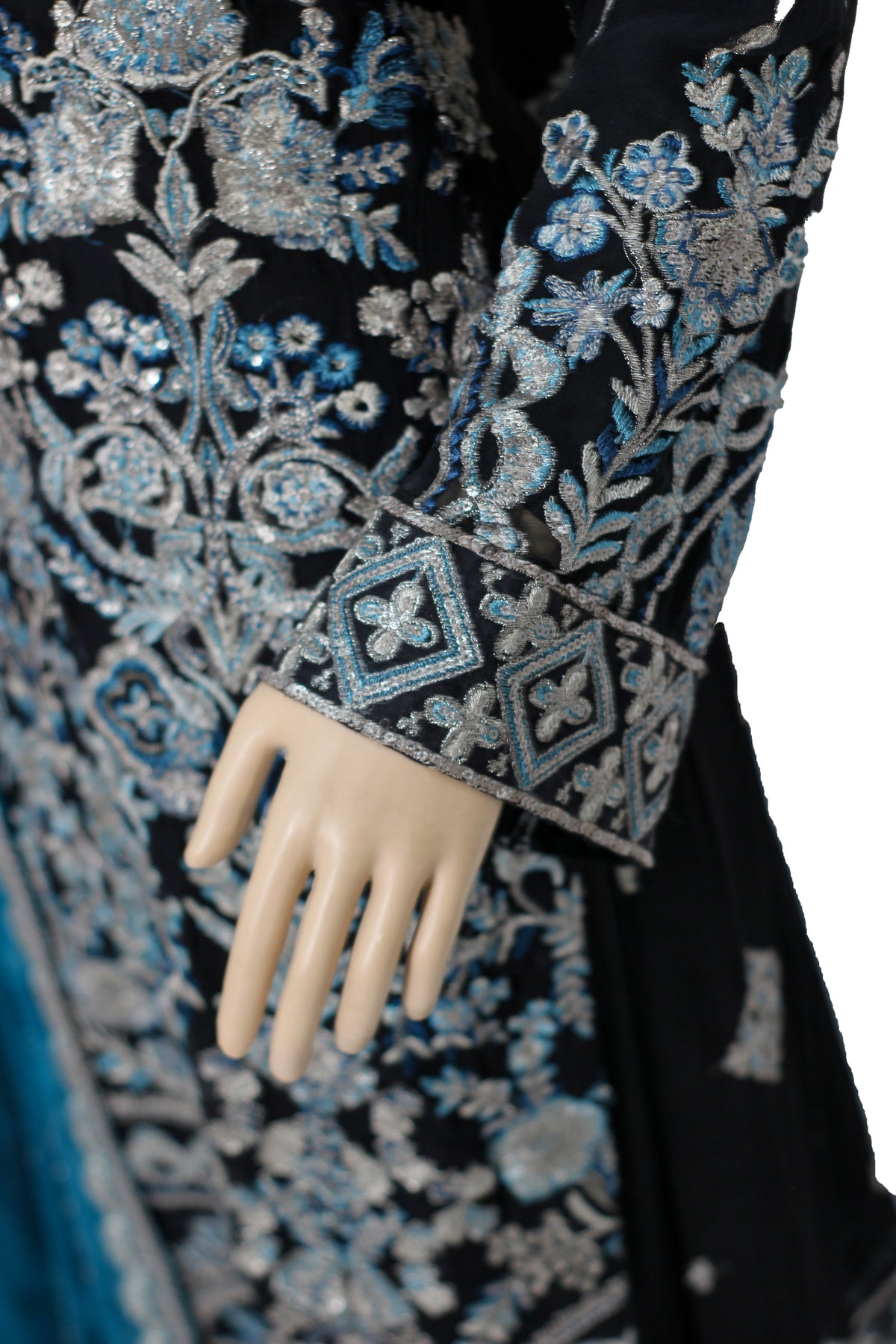 Black Embroidered Chiffon Suit with Teal Dupatta and Raw Silk Trouser KF-558