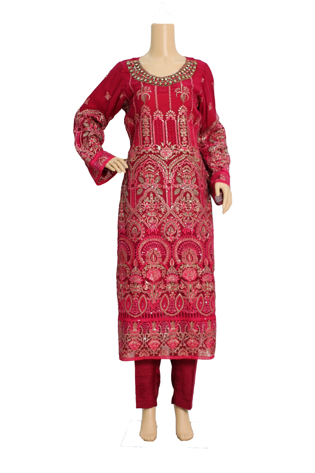 Shocking Pink Embroidered Chiffon 3 Piece Suit with Raw Silk Trouser KF-556