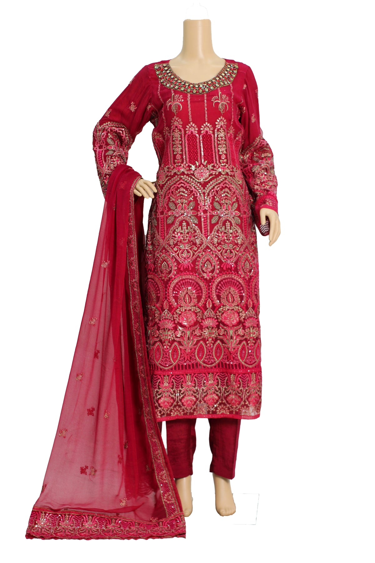 Shocking Pink Embroidered Chiffon 3 Piece Suit with Raw Silk Trouser KF-556
