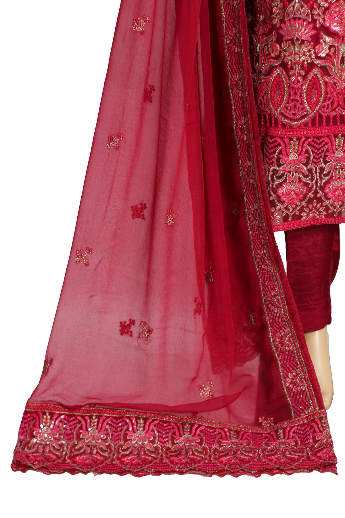 Shocking Pink Embroidered Chiffon 3 Piece Suit with Raw Silk Trouser KF-556