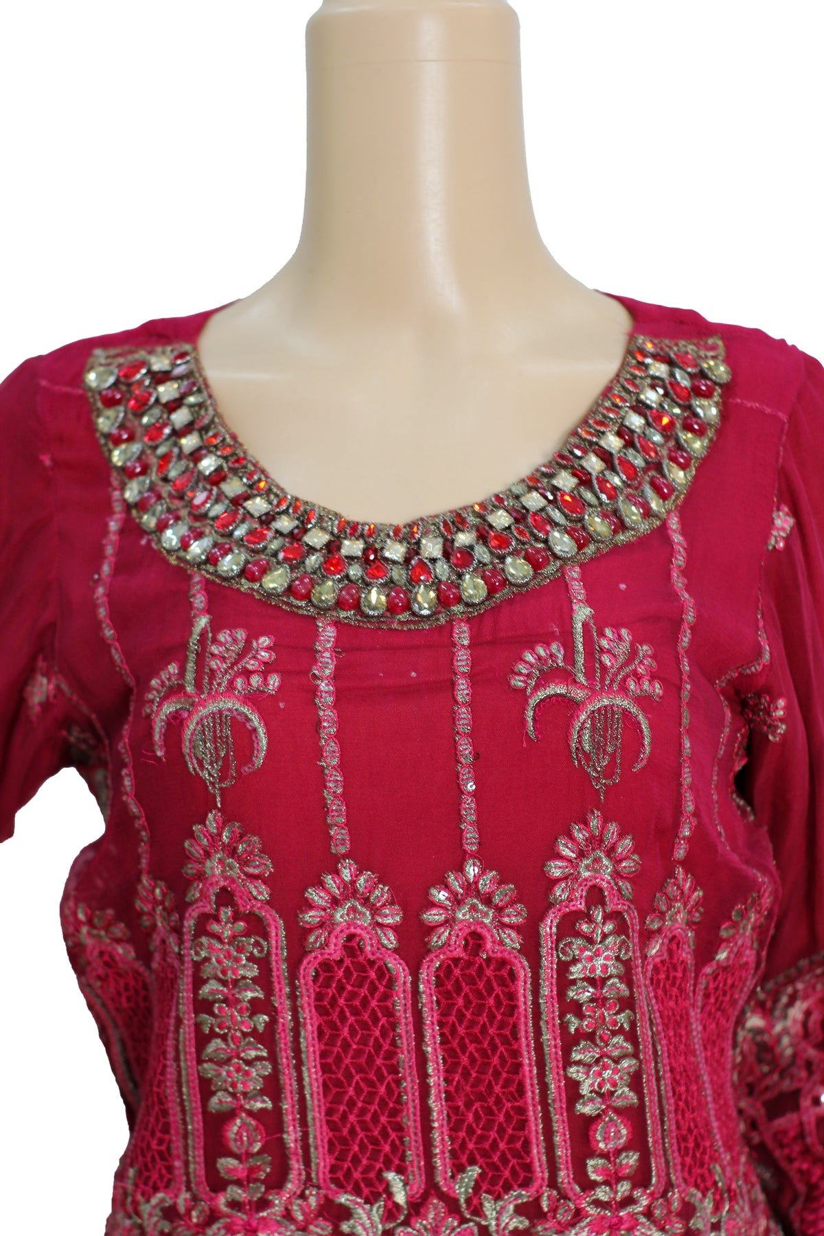 Shocking Pink Embroidered Chiffon 3 Piece Suit with Raw Silk Trouser KF-556
