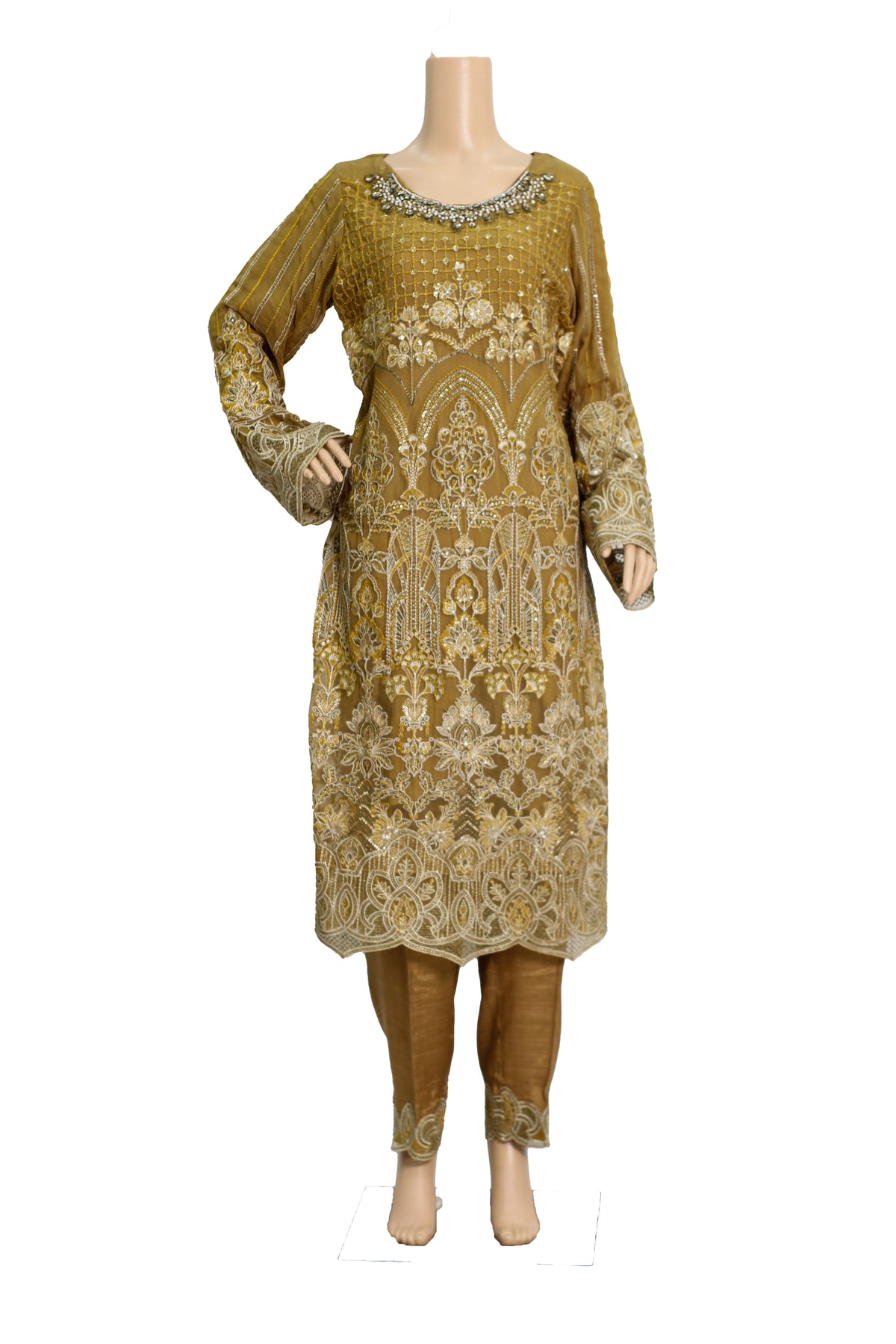 Golden Embroidered Chiffon Suit with Ivory Dupatta and Raw Silk Trouser KF-555