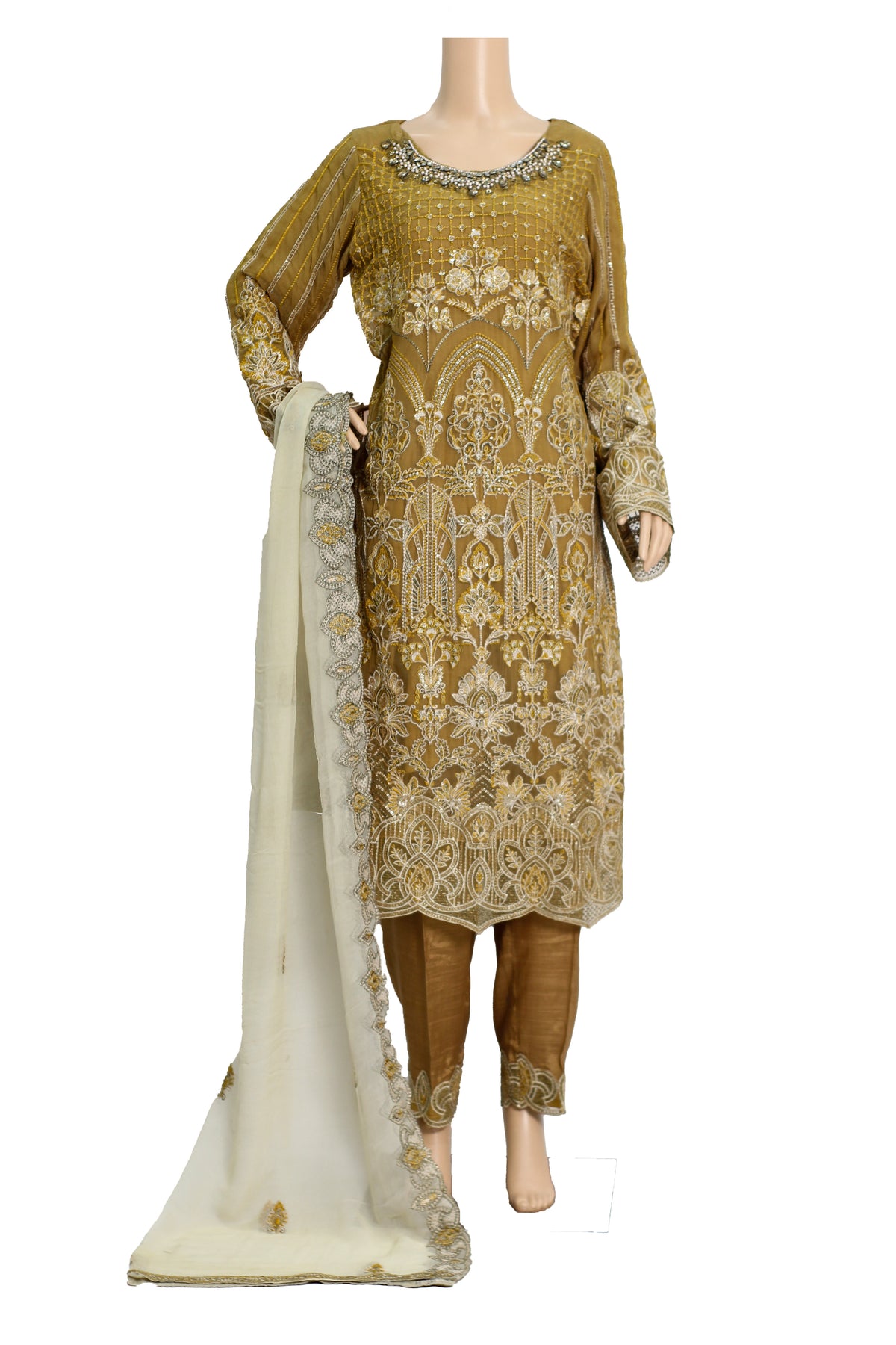 Golden Embroidered Chiffon Suit with Ivory Dupatta and Raw Silk Trouser KF-555
