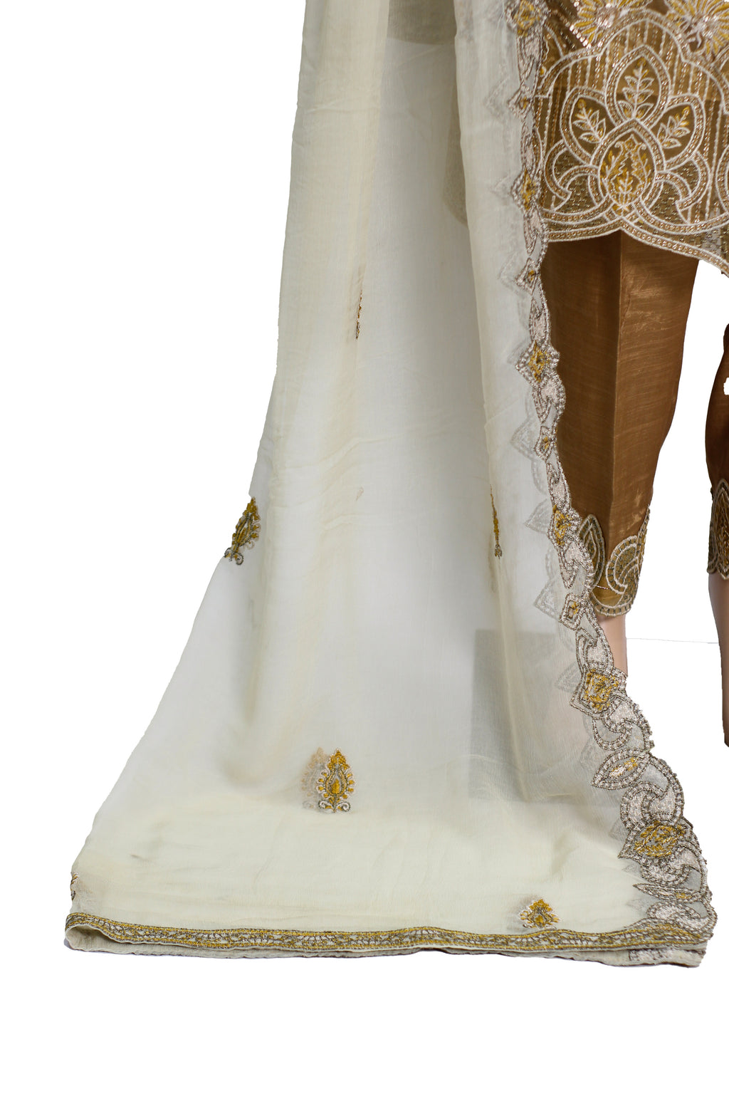 Golden Embroidered Chiffon Suit with Ivory Dupatta and Raw Silk Trouser KF-555