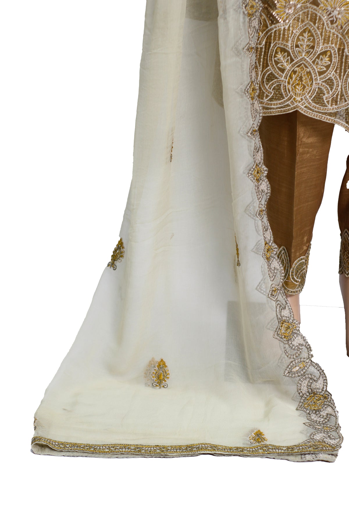 Golden Embroidered Chiffon Suit with Ivory Dupatta and Raw Silk Trouser KF-555