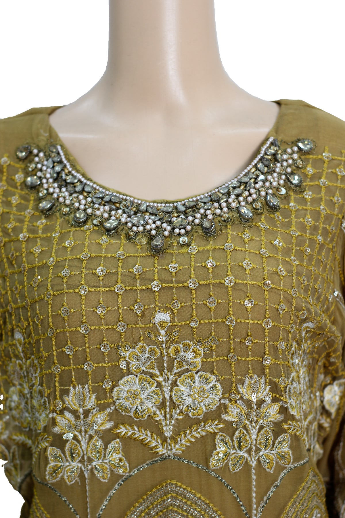 Golden Embroidered Chiffon Suit with Ivory Dupatta and Raw Silk Trouser KF-555