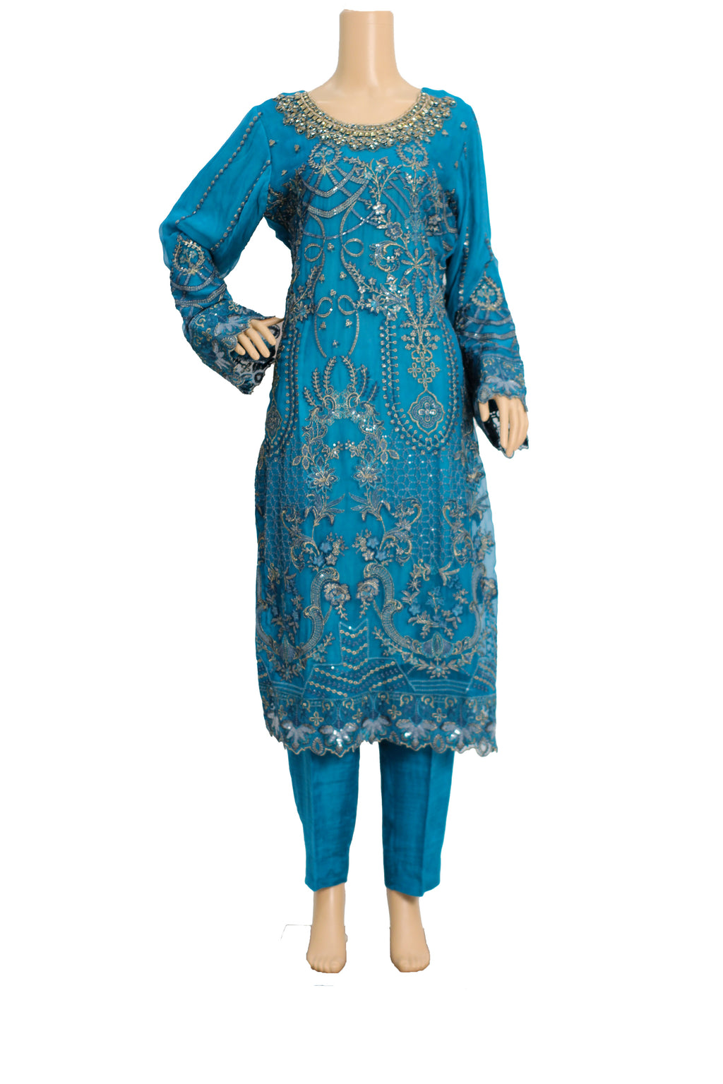 Teal Blue Embroidered Chiffon Suit with Gold Dupatta and Raw Silk Trouser KF-554