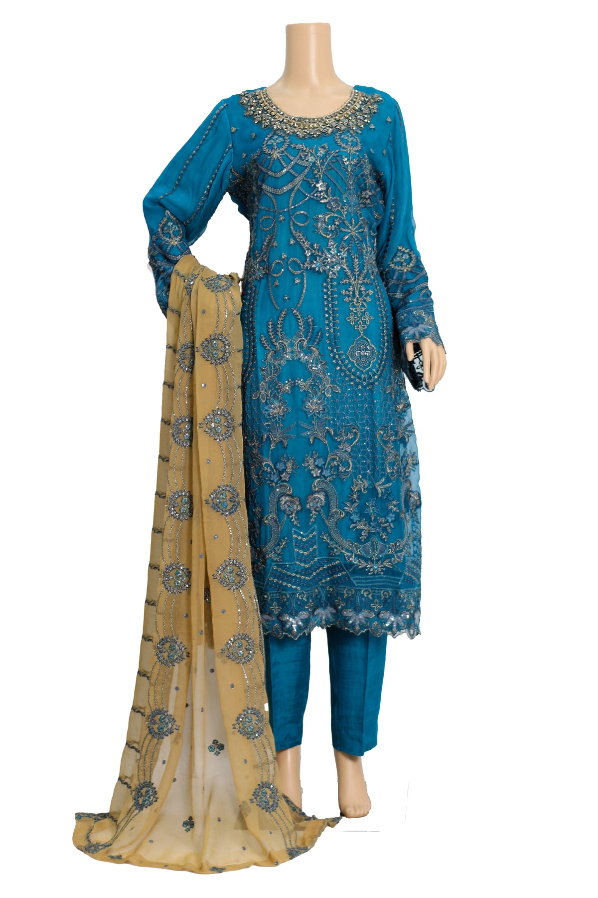Teal Blue Embroidered Chiffon Suit with Gold Dupatta and Raw Silk Trouser KF-554