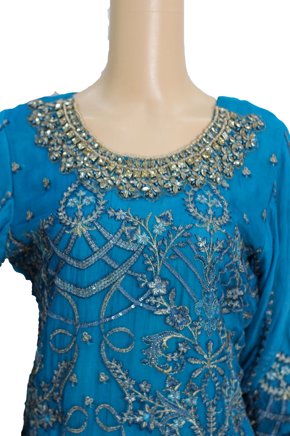 Teal Blue Embroidered Chiffon Suit with Gold Dupatta and Raw Silk Trouser KF-554
