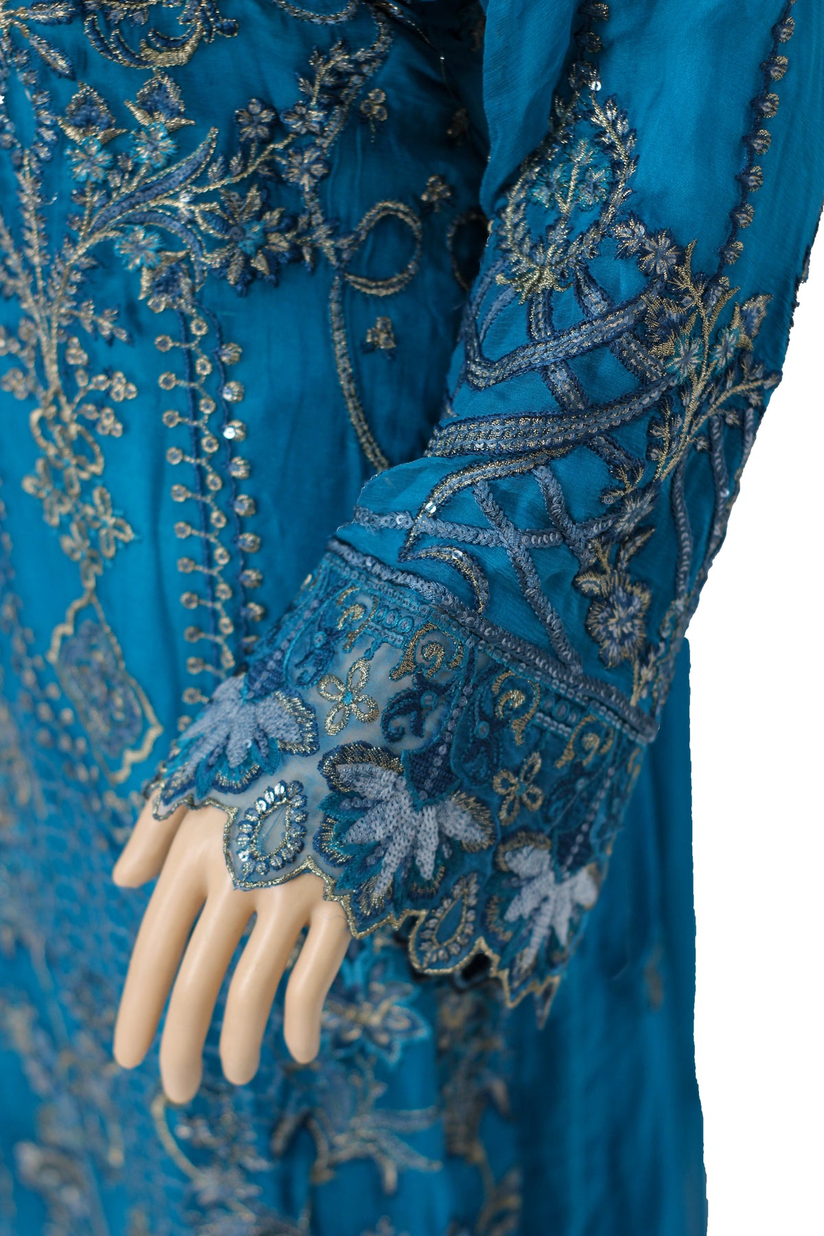 Teal Blue Embroidered Chiffon Suit with Gold Dupatta and Raw Silk Trouser KF-554