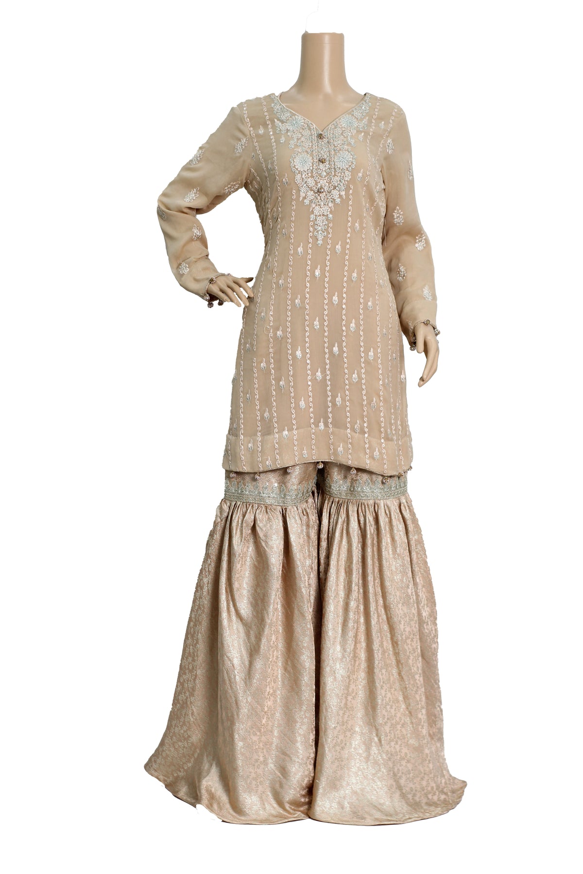 Almond Embroidered Pure Chiffon Gharara Suit with Jamawar KF-818