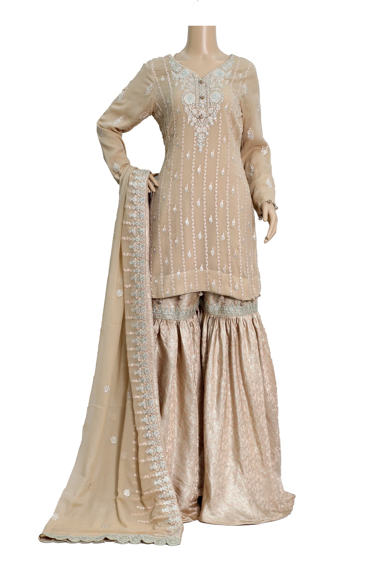Almond Embroidered Pure Chiffon Gharara Suit with Jamawar KF-818
