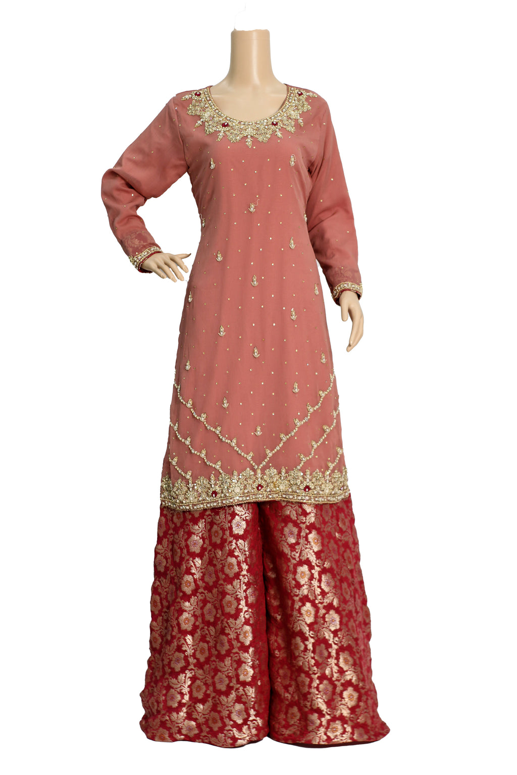 Tea Pink Handwork Chiffon Suit with Maroon Banarsi Jamawar Palazzo KF-813