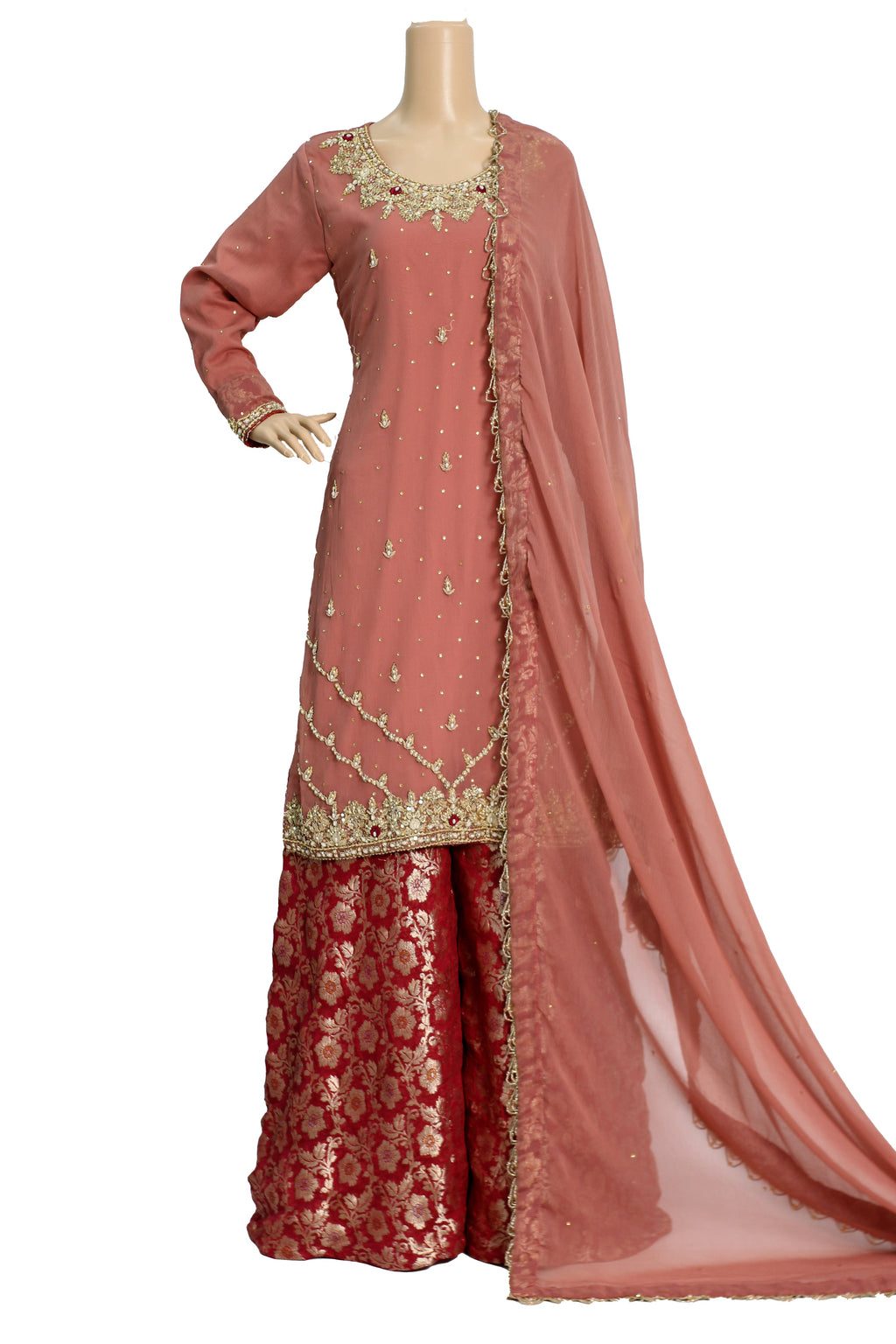 Tea Pink Handwork Chiffon Suit with Maroon Banarsi Jamawar Palazzo KF-813