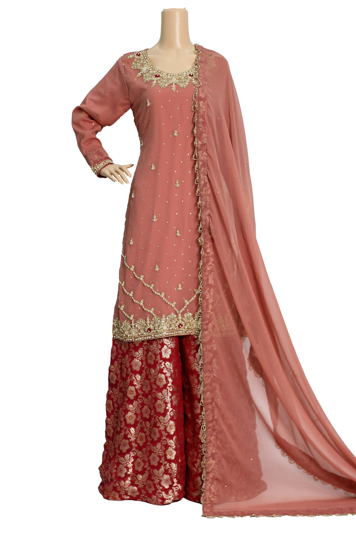 Tea Pink Handwork Chiffon Suit with Maroon Banarsi Jamawar Palazzo KF-813