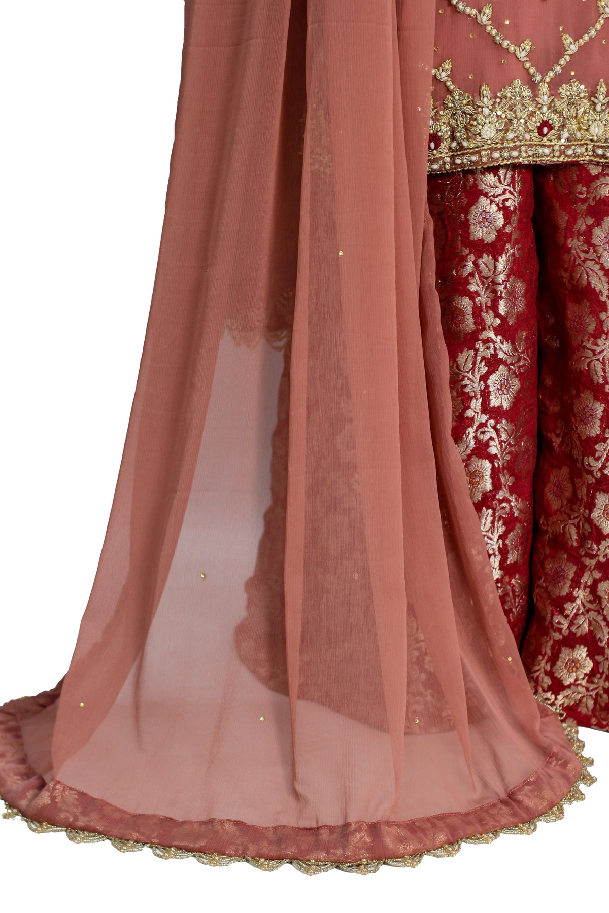 Tea Pink Handwork Chiffon Suit with Maroon Banarsi Jamawar Palazzo KF-813