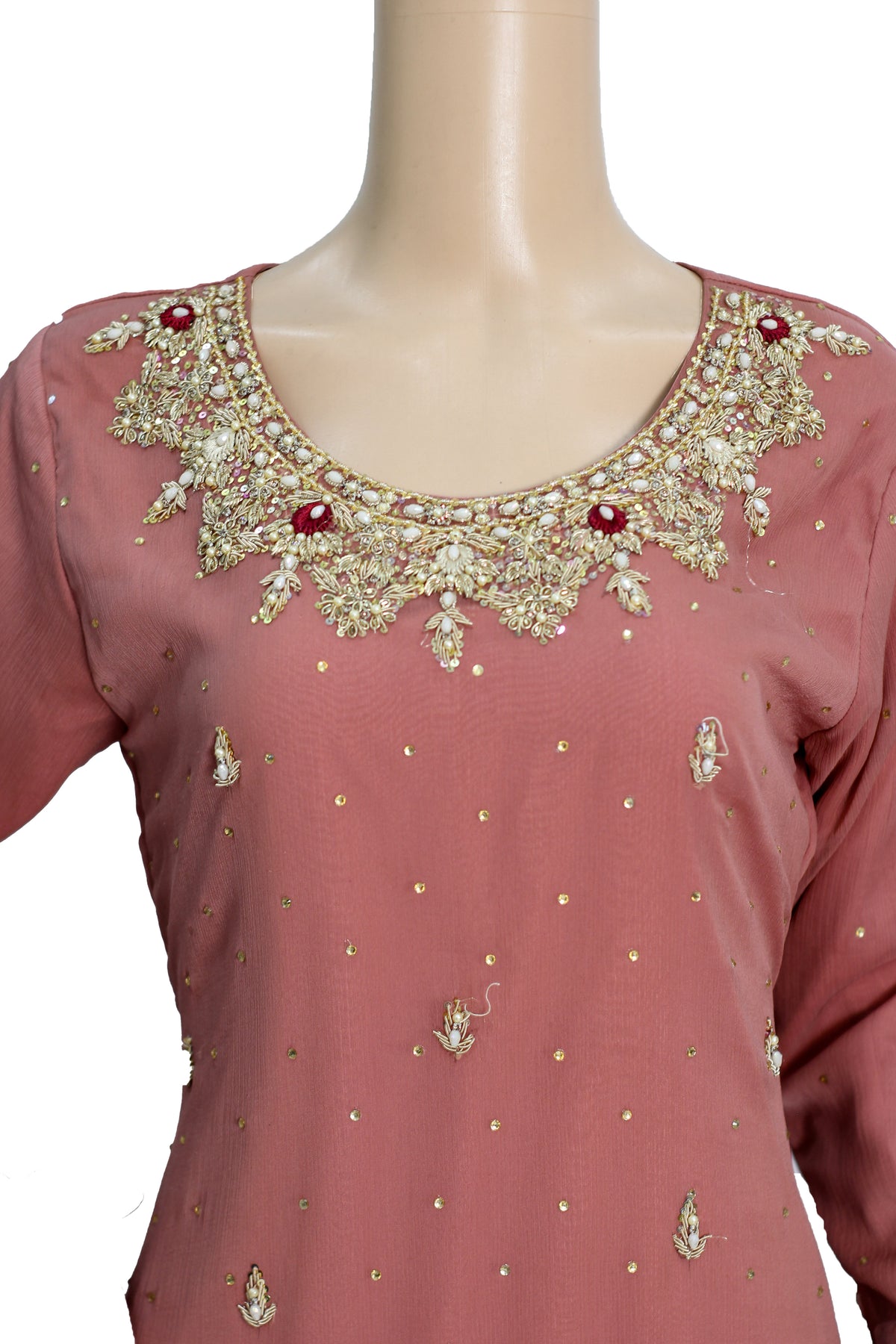 Tea Pink Handwork Chiffon Suit with Maroon Banarsi Jamawar Palazzo KF-813