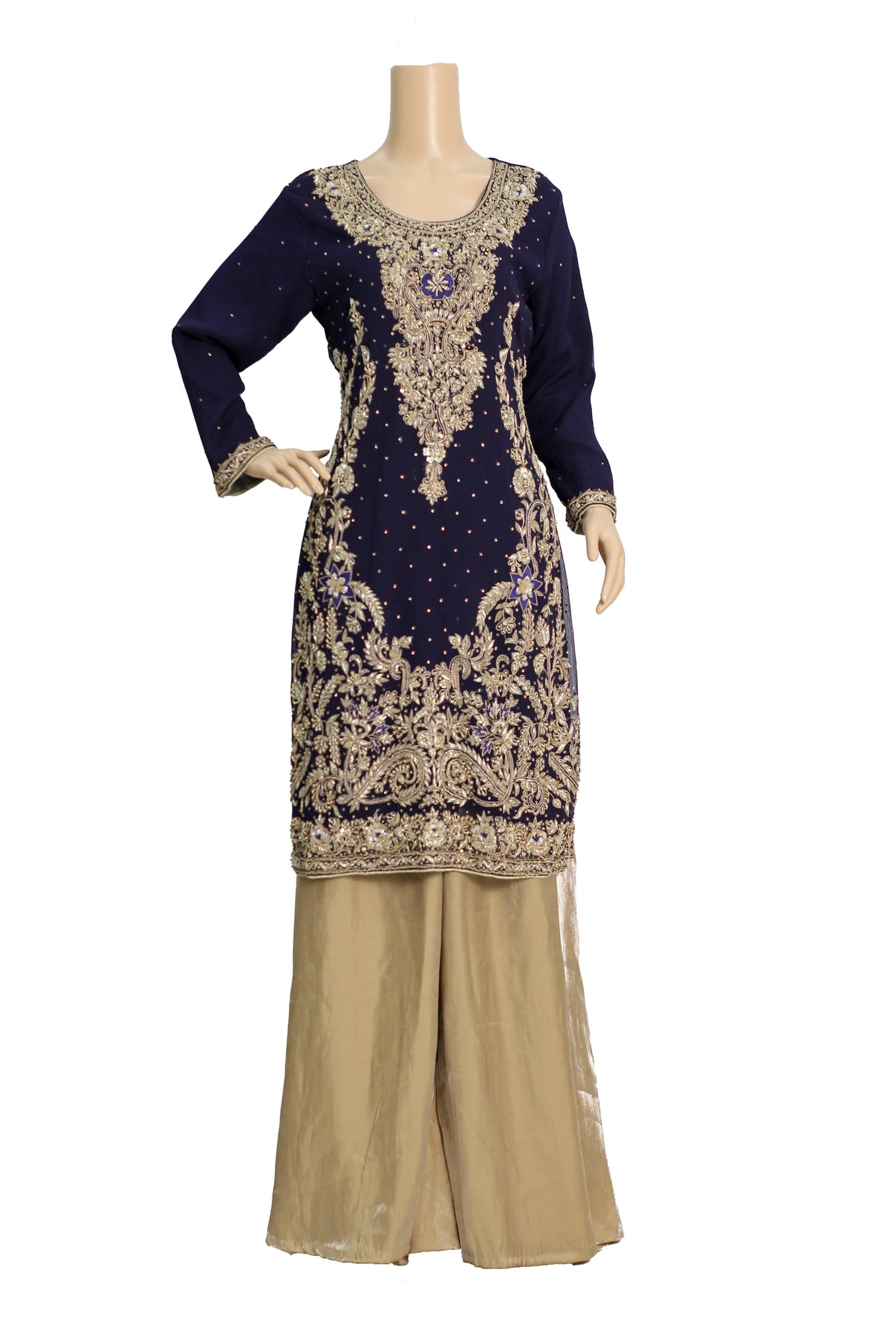 Navy Blue Handwork Chiffon Suit with Golden Raw Silk Palazzo KF-812