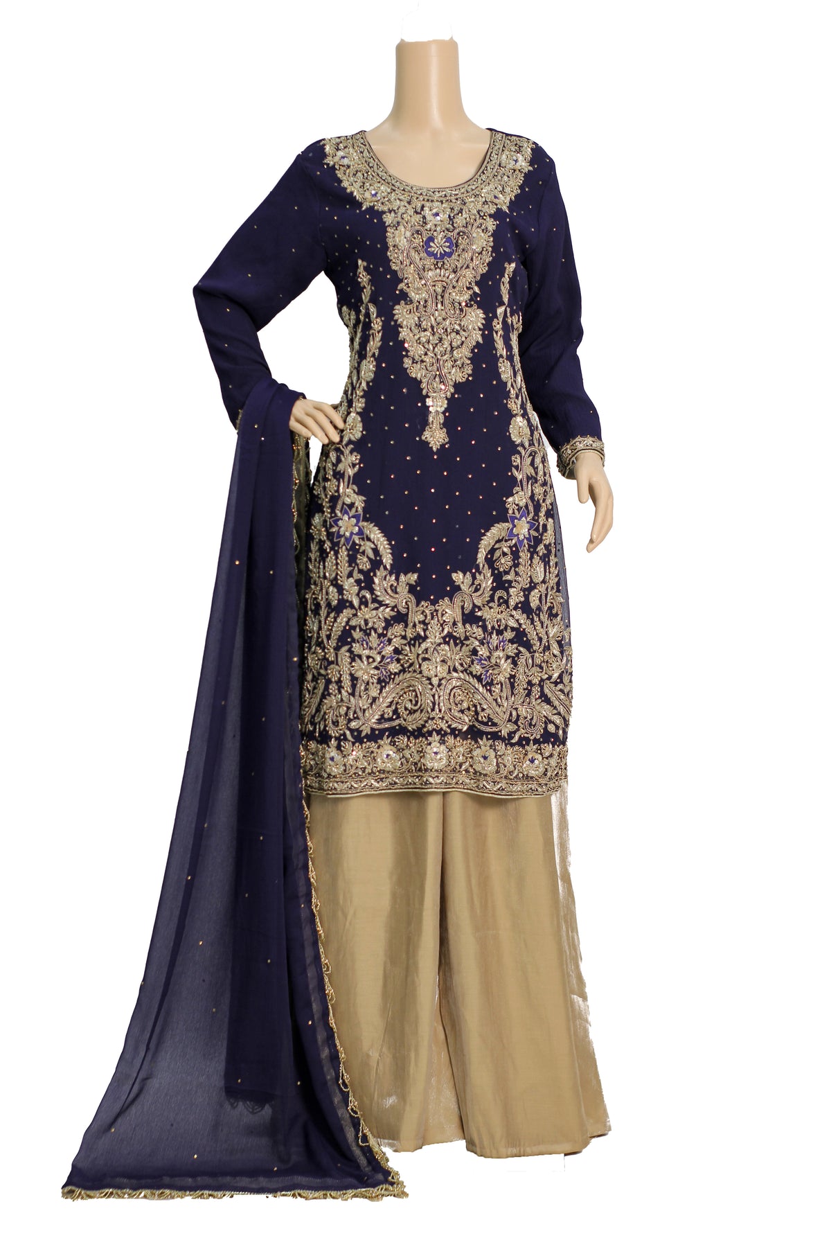 Navy Blue Handwork Chiffon Suit with Golden Raw Silk Palazzo KF-812