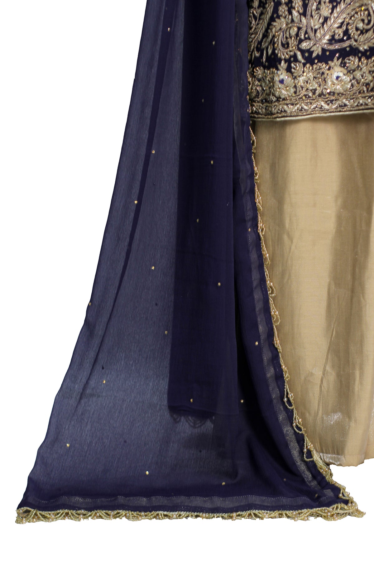Navy Blue Handwork Chiffon Suit with Golden Raw Silk Palazzo KF-812