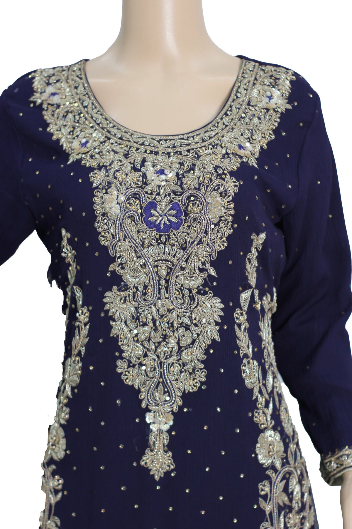 Navy Blue Handwork Chiffon Suit with Golden Raw Silk Palazzo KF-812