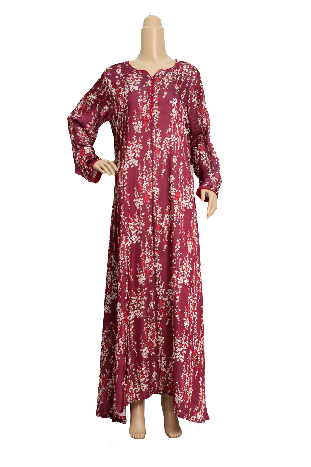 Maroon Floral Print Crinkle Silk Maxi Dress KF-062