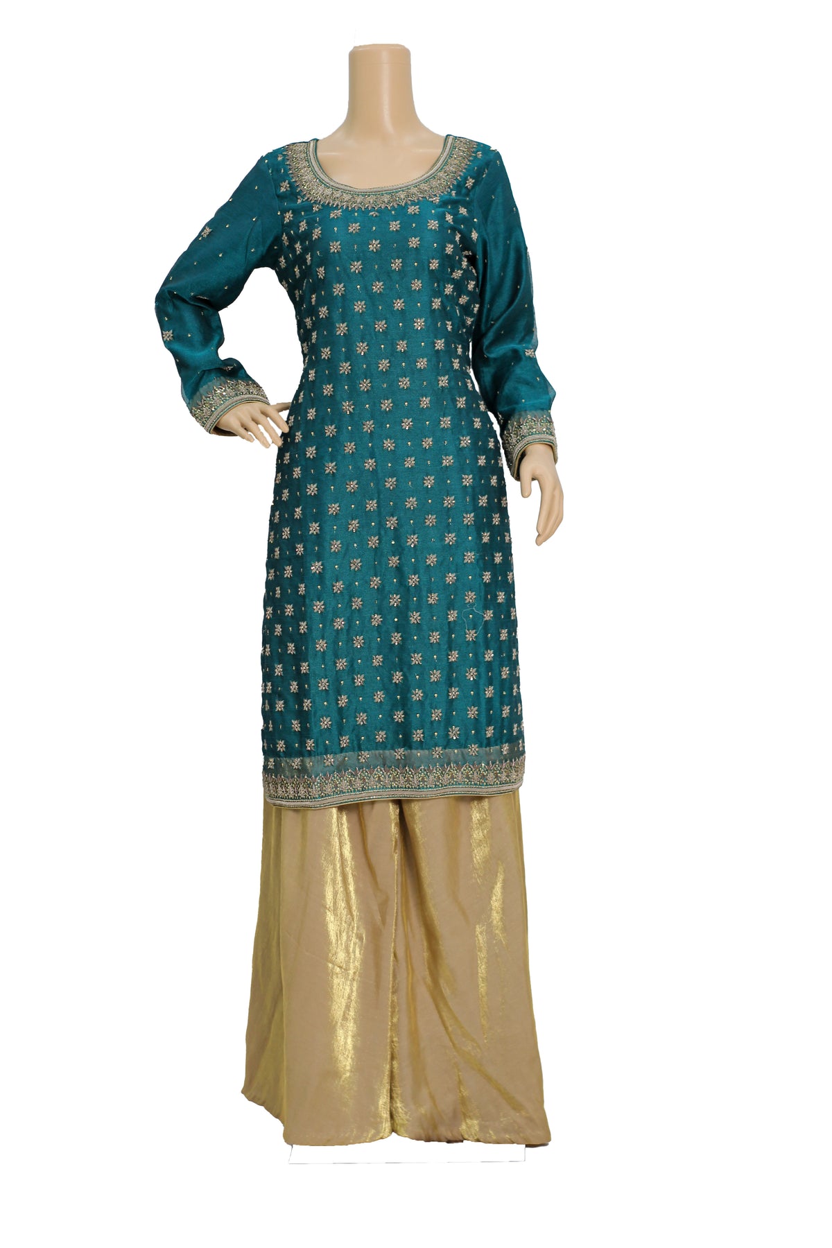 Sea Green Handwork Chiffon Suit with Shiny Raw Silk Palazzo KF-811