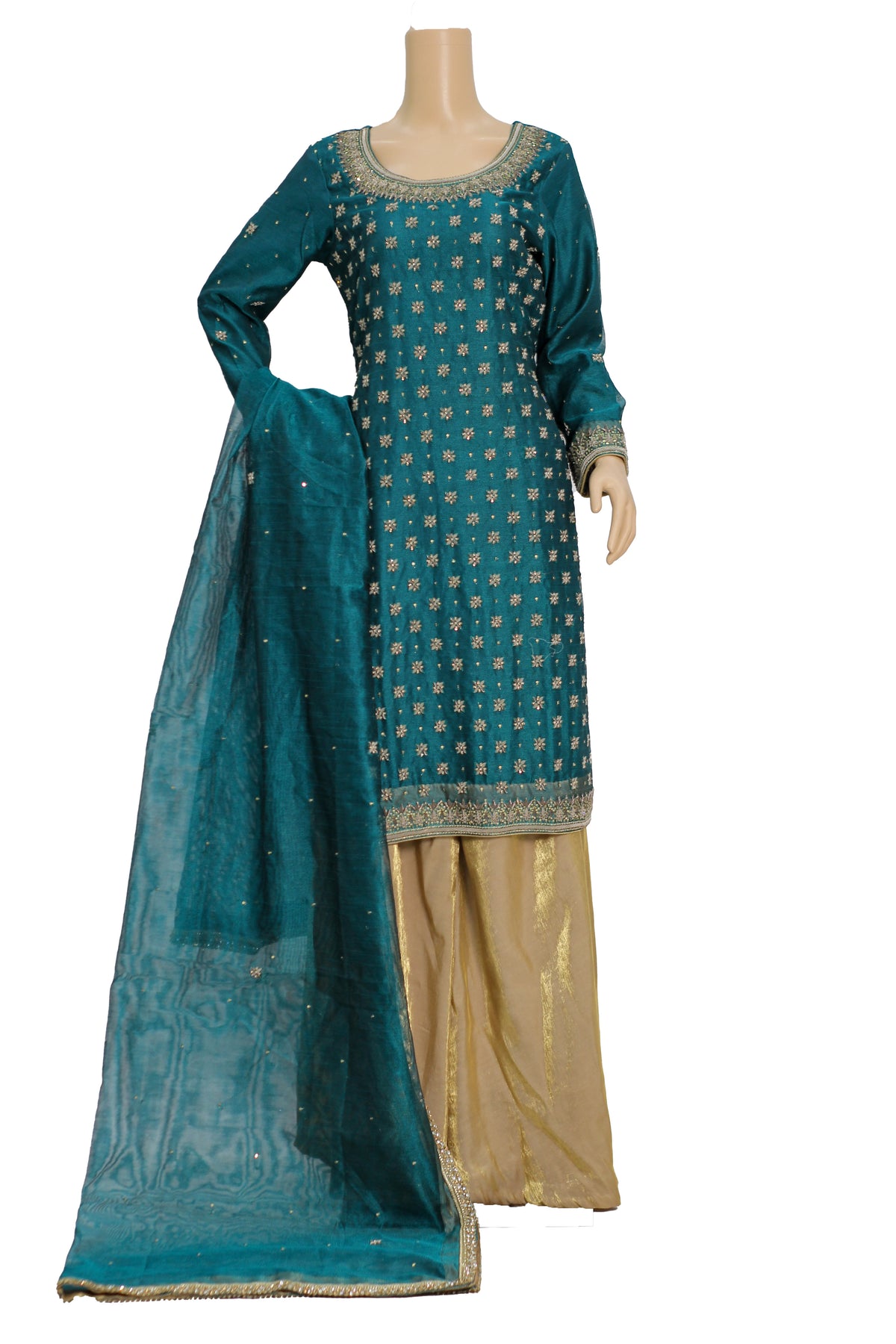 Sea Green Handwork Chiffon Suit with Shiny Raw Silk Palazzo KF-811