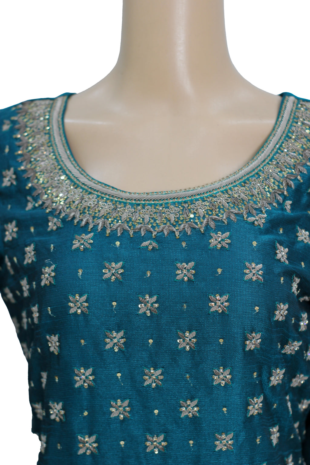 Sea Green Handwork Chiffon Suit with Shiny Raw Silk Palazzo KF-811