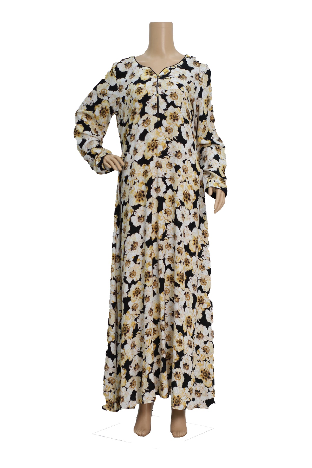 Cream and Black Floral Print Creep Maxi Dress KF-189