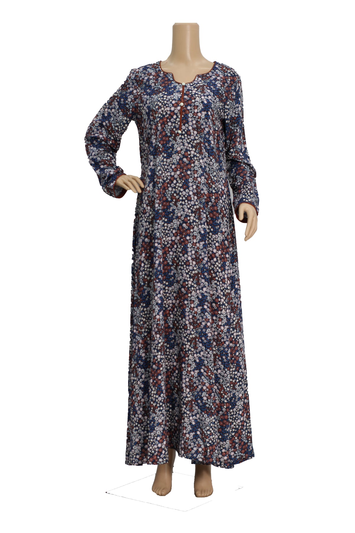 Navy and Maroon Floral Print Linen Maxi Dress KF-197