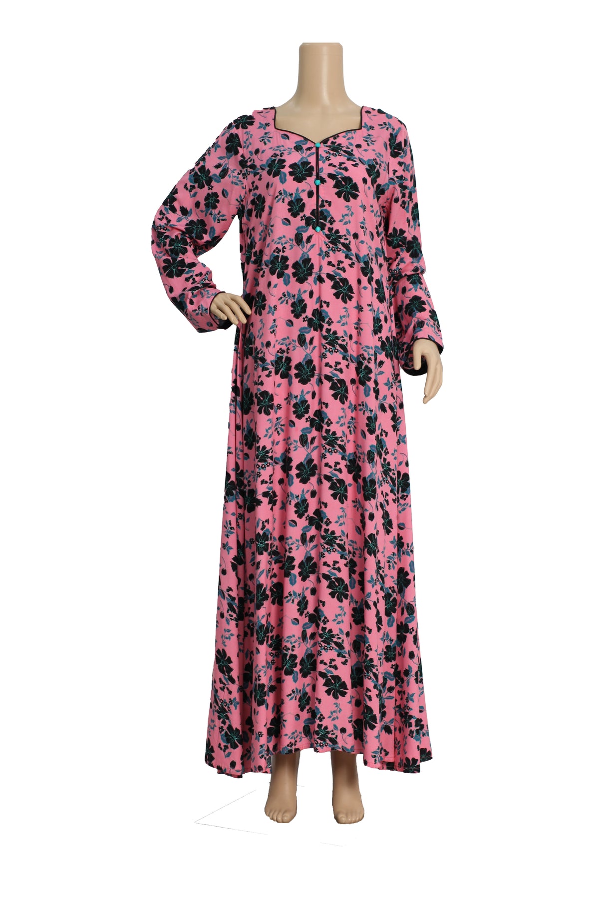 Pink Rose Print Linen Maxi Dress KF-408