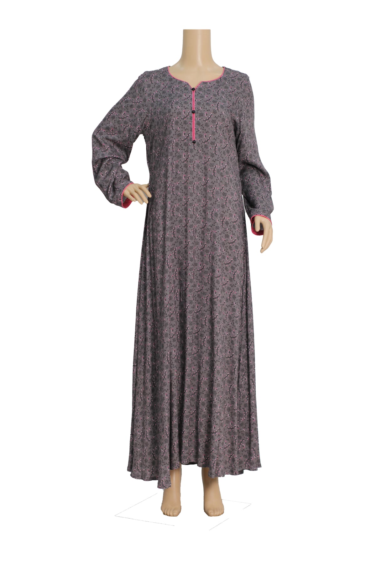 Grey Paisley Print Linen Maxi Dress with Pink Placket KF-456